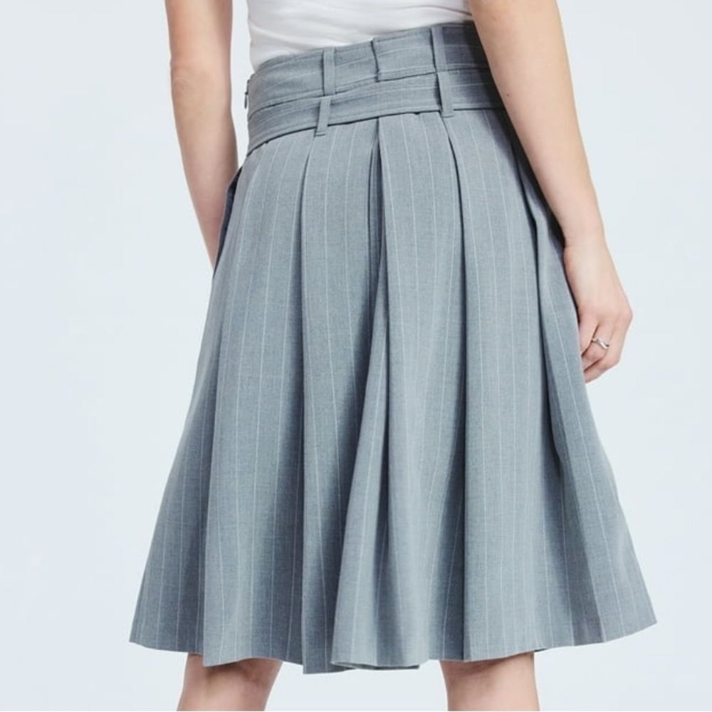 NEW Scoop gray pinstripe pleated midi skirt A-line belted size 8 preppy academic - Picture 2 of 8